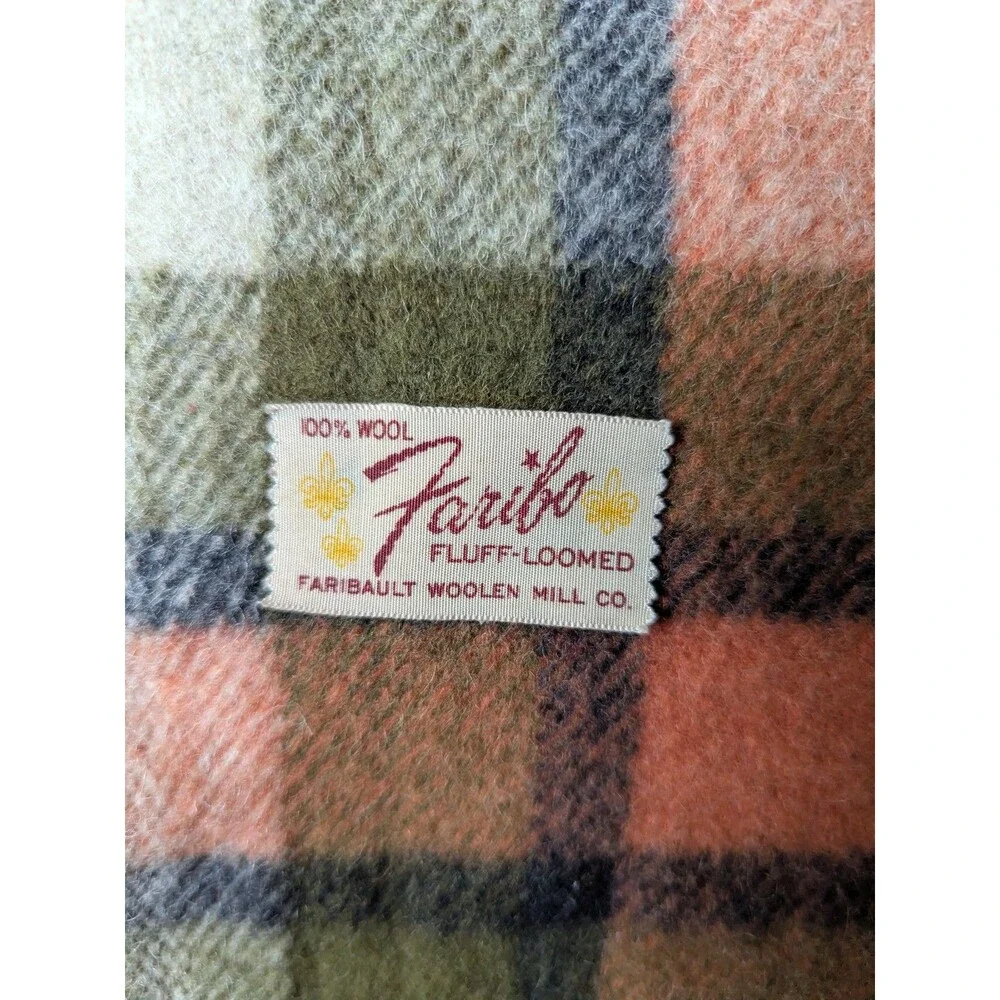 Vintage Faribo Fluff Loomed Wool Throw Blanket Orange Olive Green Plaid Fringe